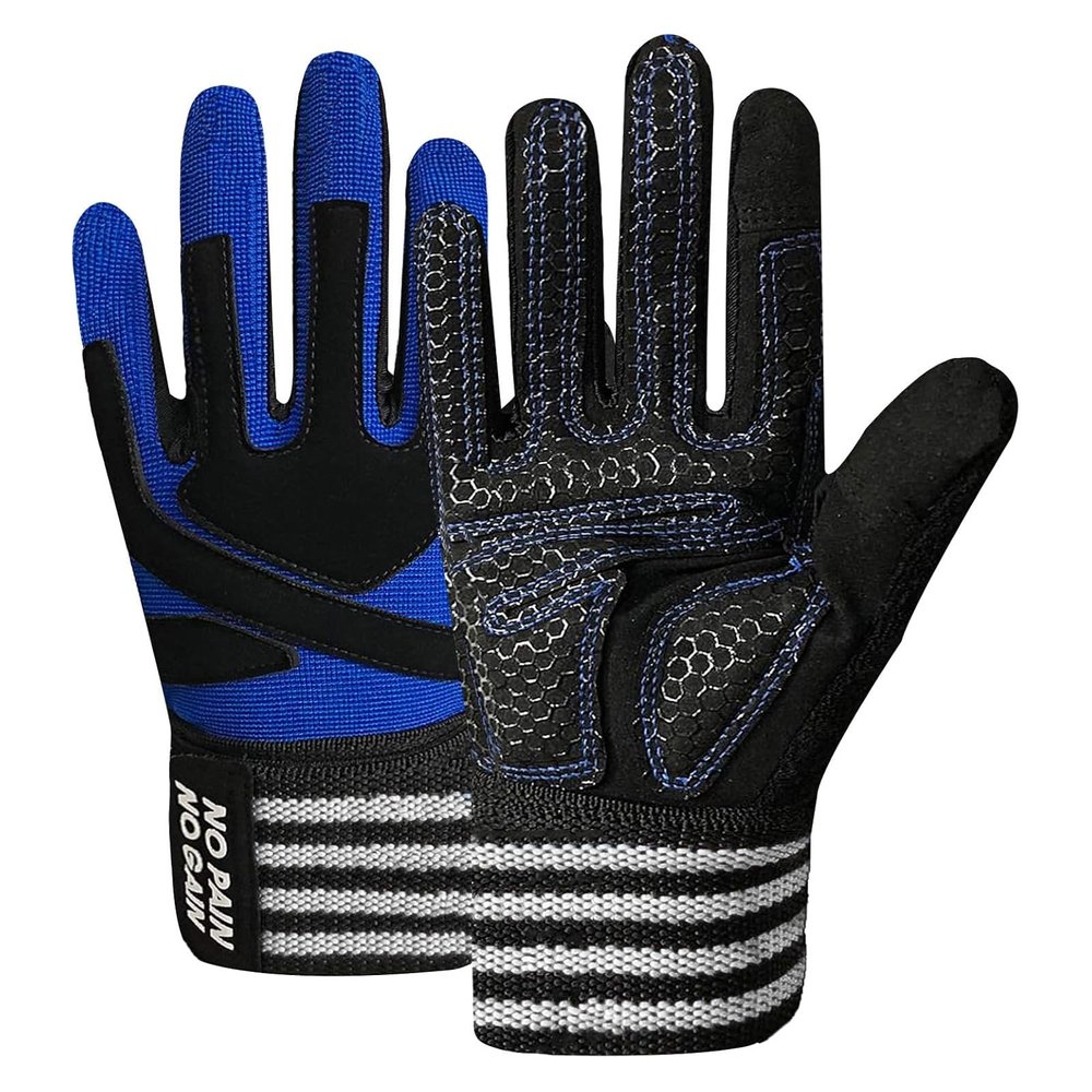 FINGER TEN Weightlifting Workout Gloves Full Finger with Wrist Strap Support, Padded Grip for Weight Lifting Gym Fitness Exercise Training Men Male (Full-Blue, Medium)