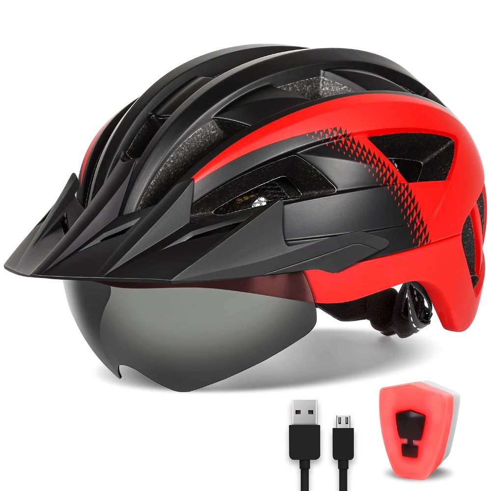 FUNWICT Adult Bike Helmet with Visor and Goggles for Men Women Mountain Road Bicycle Helmet Rechargeable Rear Light Cycling Helmet (XL: 59-63 cm (23.2-24.8 inches), Black Red)