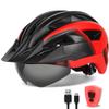 FUNWICT Adult Bike Helmet with Visor and Goggles for Men Women Mountain Road Bicycle Helmet Rechargeable Rear Light Cycling Helmet (XL: 59-63 cm (23.2-24.8 inches), Black Red) view 1