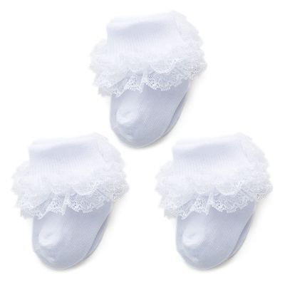 Baby Girl Triple Lace Ruffle Turn Cuff Socks - 3 Pairs Ankle Dress Socks for Toddler (White, 3-12 Months)