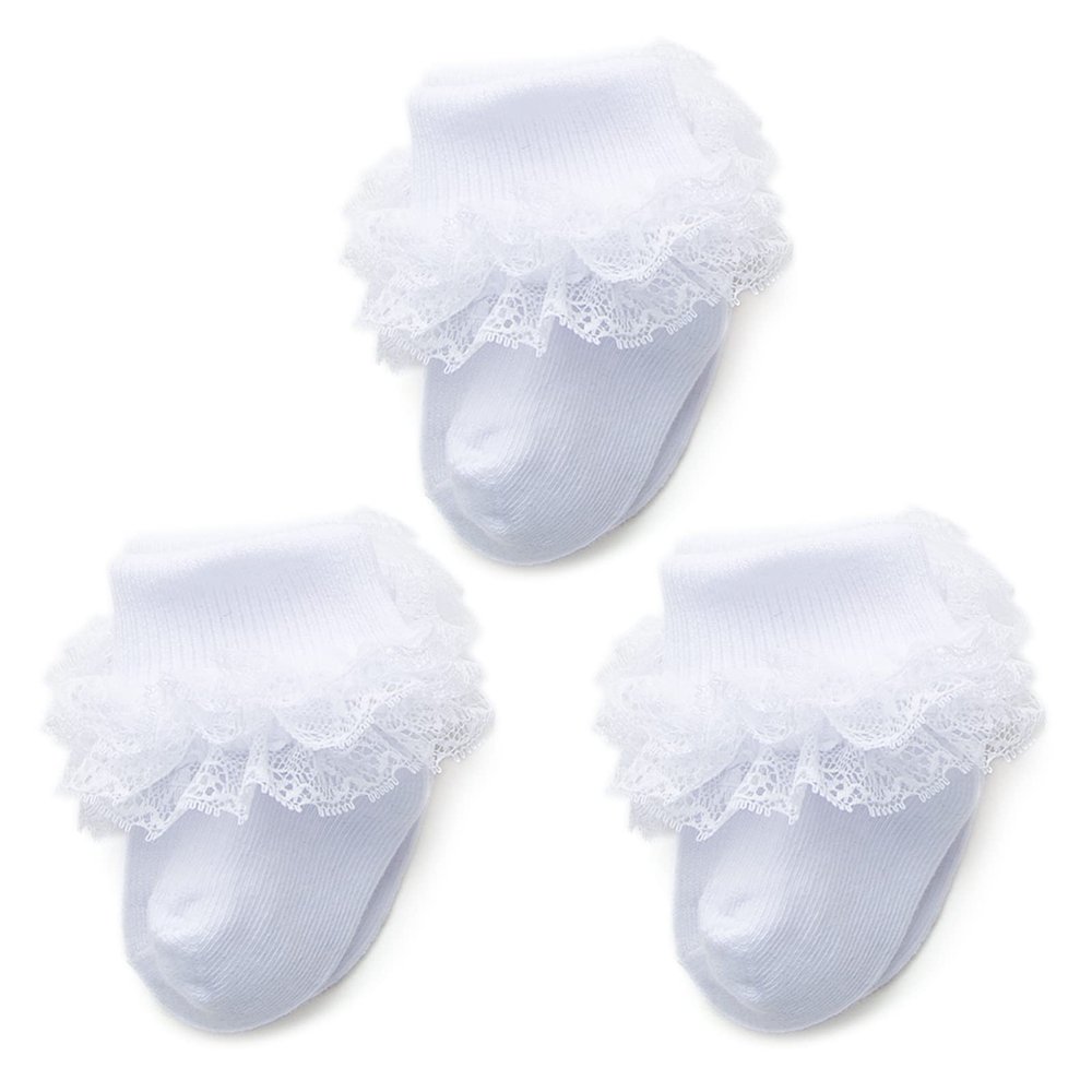 Baby Girl Triple Lace Ruffle Turn Cuff Socks - 3 Pairs Ankle Dress Socks for Toddler (White, 3-12 Months)