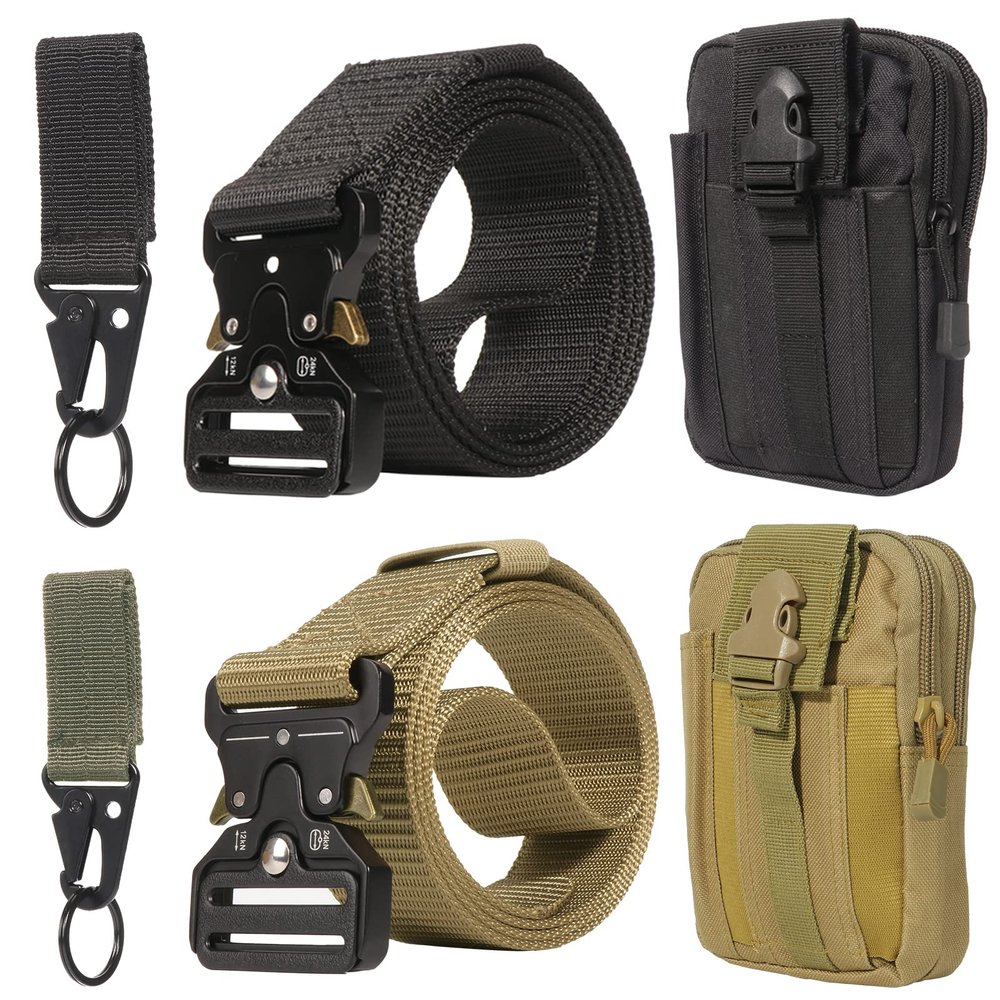 abcGoodefg 2 Pack Work Belt, Military Style Tactical Belts for Men, Quick-Release Metal Buckle with Molle Key Ring Holder & EDC Pouch
