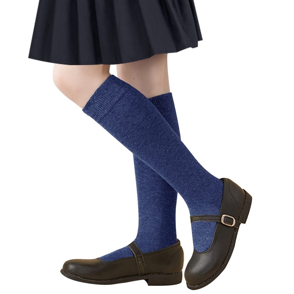 Girls & Boys Knee High School Uniform Socks - 3 Pairs Seamless Cotton Tube Socks (Navy, 5-7 Years)
