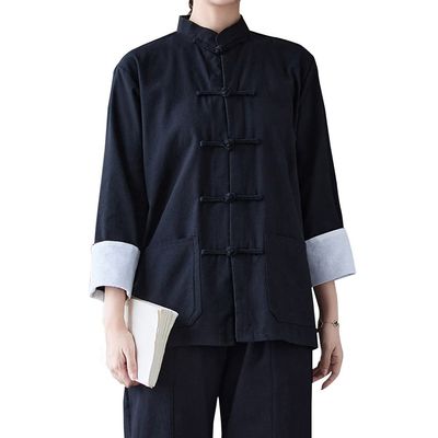 HHHH Women's Kung Fu Jacket Frog Button Mandarin Collar Loose Fit Blouse Chinese Tang Shirt Tai Chi Training Uniform (L, 60# Black)