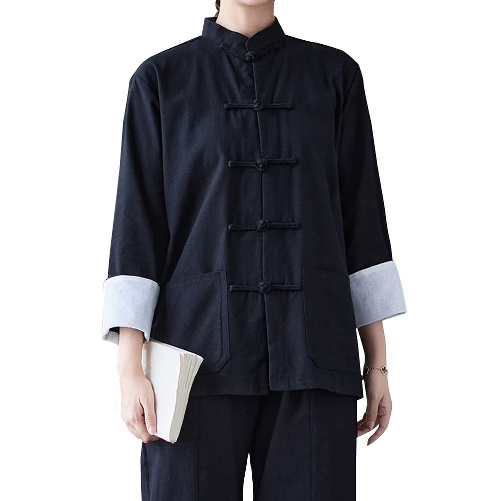 HHHH Women's Kung Fu Jacket Frog Button Mandarin Collar Loose Fit Blouse Chinese Tang Shirt Tai Chi Training Uniform (L, 60# Black)