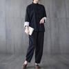 HHHH Women's Kung Fu Jacket Frog Button Mandarin Collar Loose Fit Blouse Chinese Tang Shirt Tai Chi Training Uniform (L, 60# Black) view 4