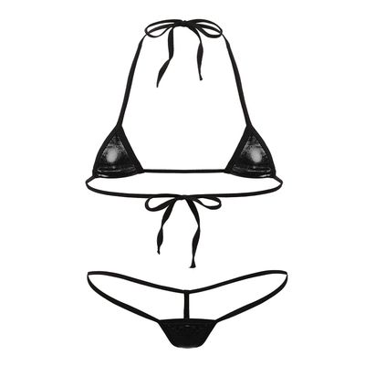 Sywiyi Women's Swimsuit Shiny Metallic Self-tie Bra with Thongs 2Pcs Extreme Micro Bikini Lingerie Set Black One Size