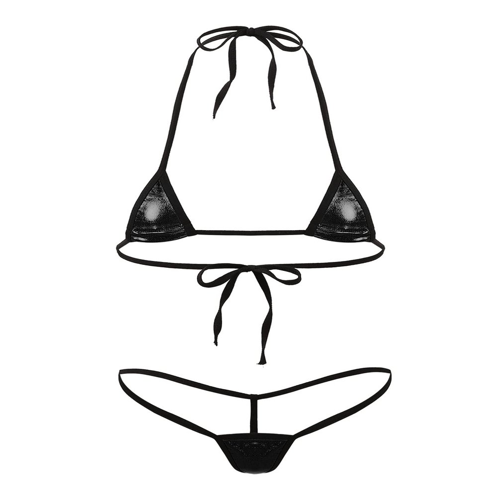 Sywiyi Women's Swimsuit Shiny Metallic Self-tie Bra with Thongs 2Pcs Extreme Micro Bikini Lingerie Set Black One Size