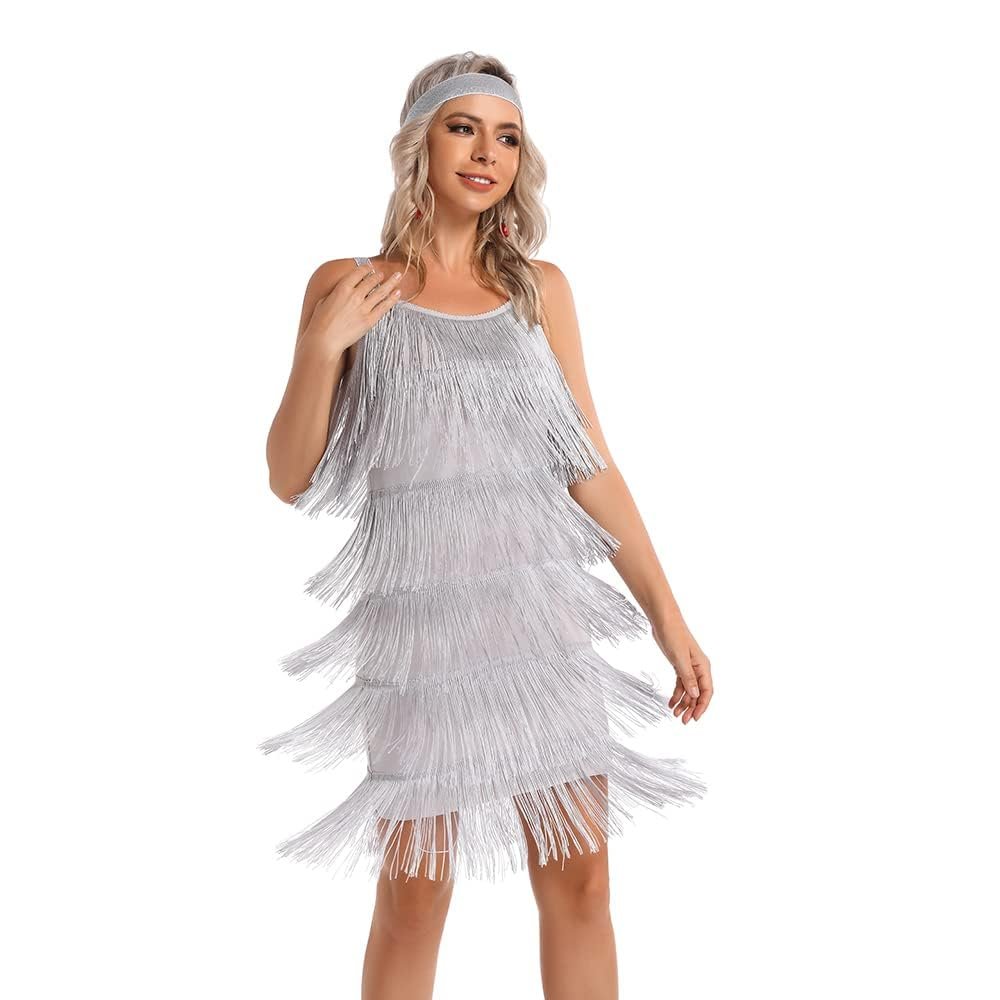 Women's Great Gatsby Flapper Spaghetti Tassel Dress with Headband, 20s Elegant Mini Dress Party Accessory COSTUME OUTFIT (XL, Grey)