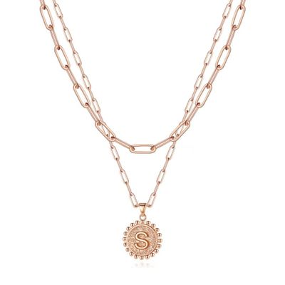 Ursteel Initial Necklace for Women - Rose-Gold-Plated Dainty Layered Letter S Necklaces for Women Trendy Rose-Gold-PlatedChoker Pendent Jewelry Gifts Paperclip Chain