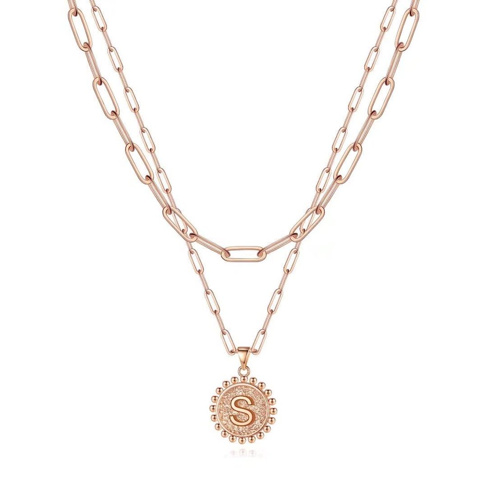 Ursteel Initial Necklace for Women - Rose-Gold-Plated Dainty Layered Letter S Necklaces for Women Trendy Rose-Gold-PlatedChoker Pendent Jewelry Gifts Paperclip Chain