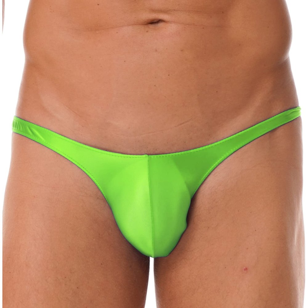 FEESHOW Men Sexy Shiny Silky Thongs Bikini Lingerie Bottoms Tights Underwear Swimwear Knickers Fluorescent Green XX-Large