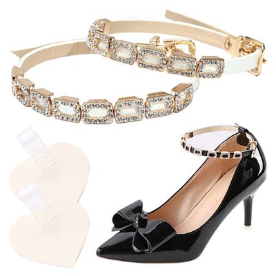 1 Pair High Heels Ankle Straps with Self-Adhesive Heel Cushion Detachable Rhinestones Shoe Straps for Pumps Flats Stilettos White