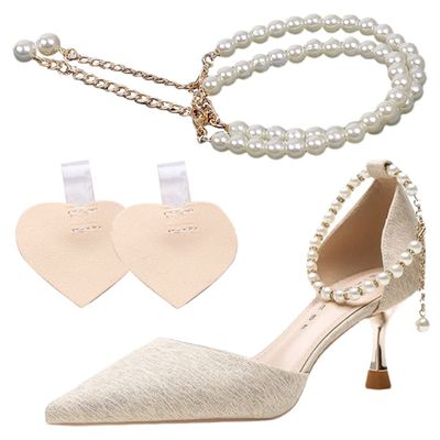 1 Pair Pearls Shoe Strap with Self-Adhesive Heel Cushion Detachable Ankle Straps Belt Band for High Heels Pumps Flats Sandals Pearls Strap with NO Rhinestones Gold