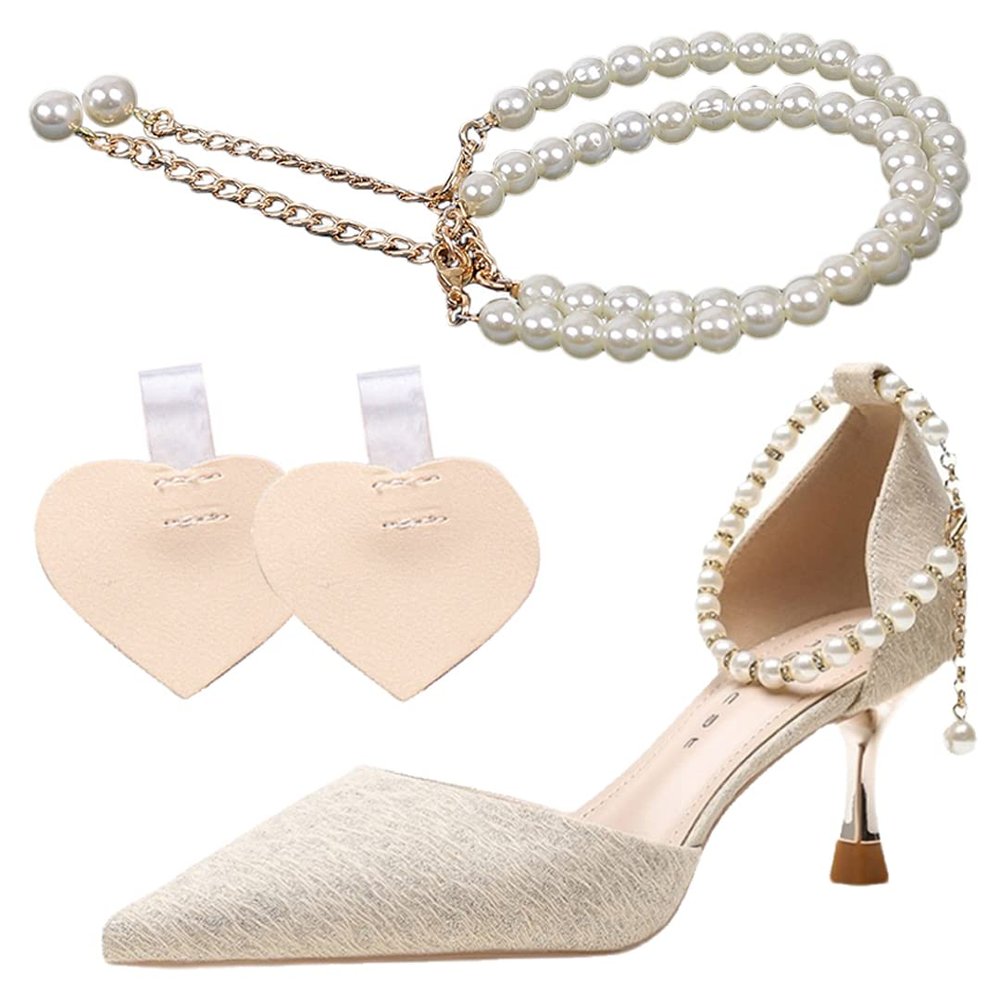 1 Pair Pearls Shoe Strap with Self-Adhesive Heel Cushion Detachable Ankle Straps Belt Band for High Heels Pumps Flats Sandals Pearls Strap with NO Rhinestones Gold