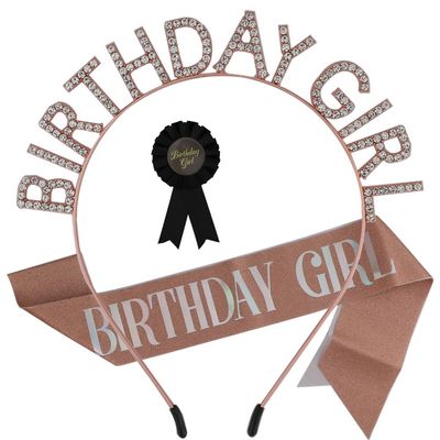  Birthday Sash for Women Rose Gold Tiara and Crown for Girls Headband Birthday Button Black Pins Princess Decoration Supplies Favor Gift Set