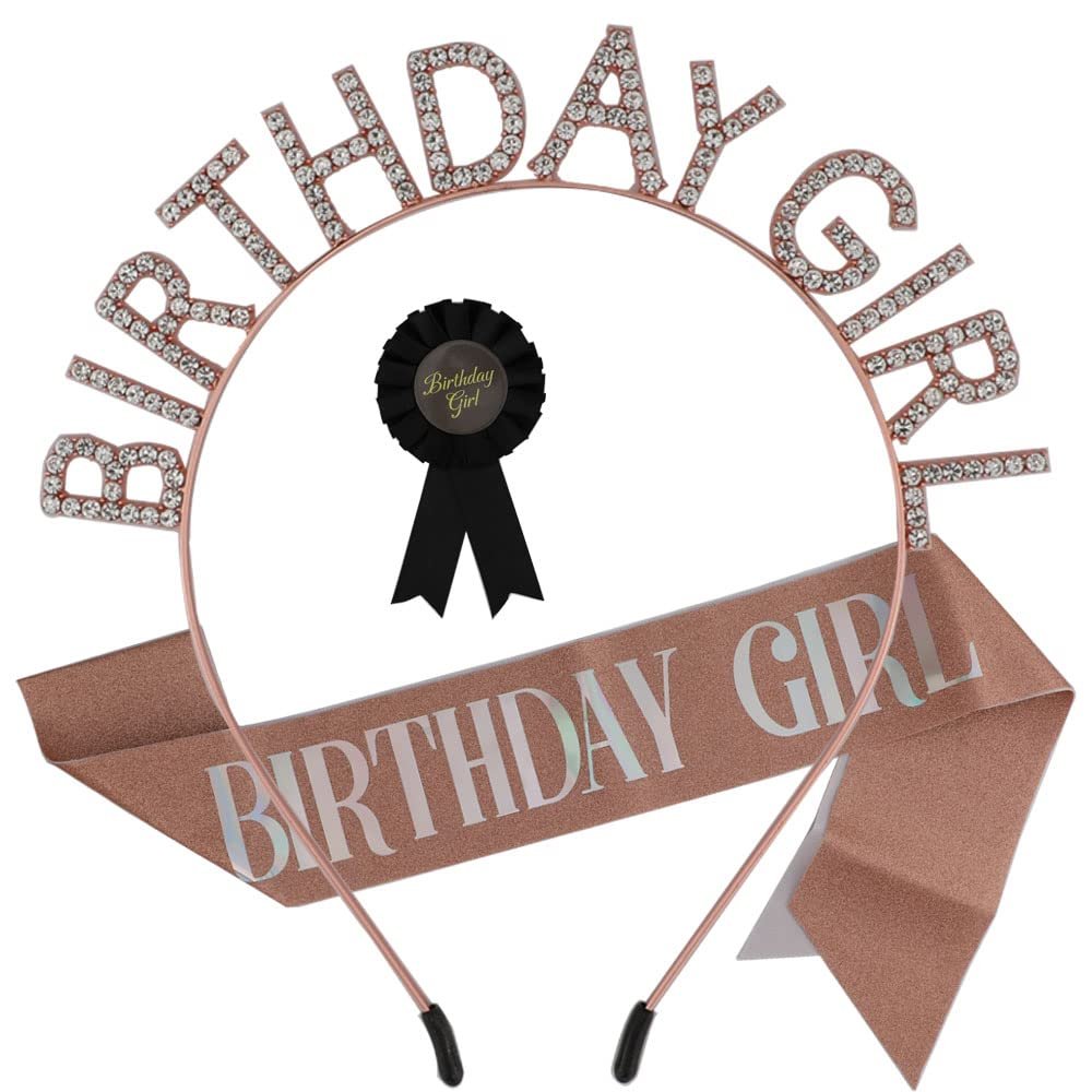  Birthday Sash for Women Rose Gold Tiara and Crown for Girls Headband Birthday Button Black Pins Princess Decoration Supplies Favor Gift Set