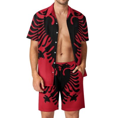 Adugen Origei Summer Combo Men's Two Piece Matching Sets Albanian Flag Beach Suit Button-Up Shirt Hawaiian Shirt S