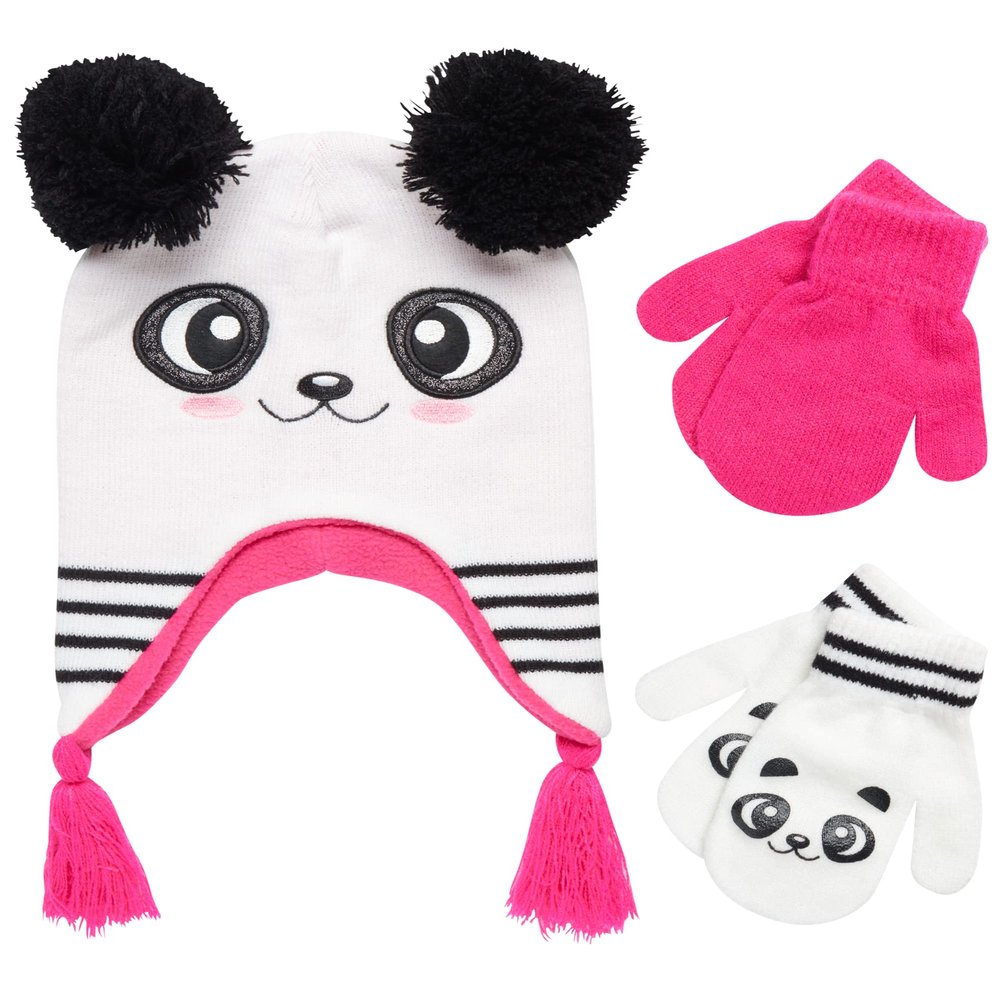 ABG Accessories Girls Critter Winter Hat and 2 Pair Gloves or Mittens (Toddler/Little Girls), Size Age 2-4, Panda Mittens