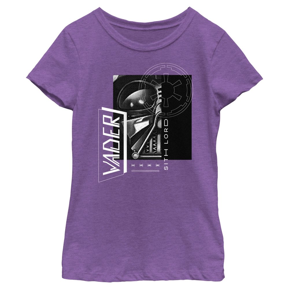 Girl's Star Wars: Obi-Wan Kenobi Darth Vader Grayscale Portrait with Empire Logo T-Shirt - Purple Berry - X Large