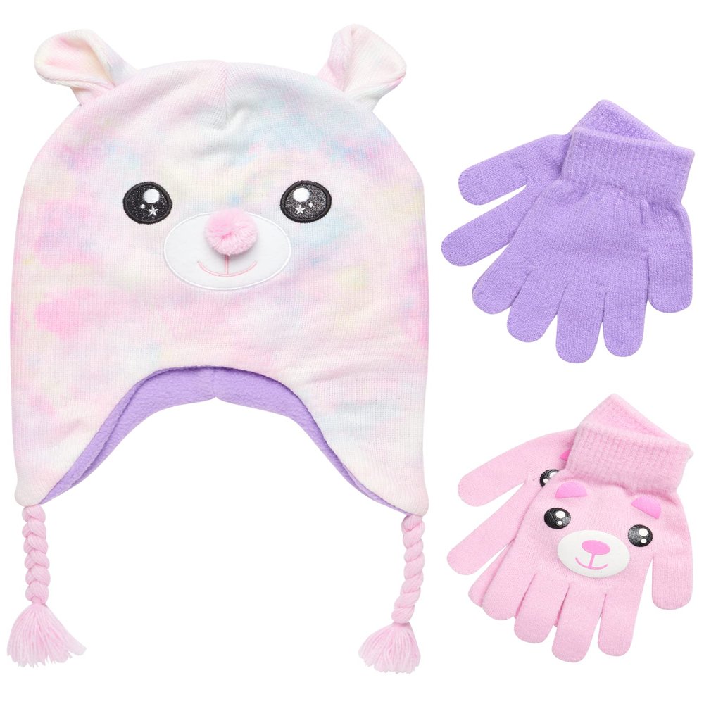 ABG Accessories Girls Critter Winter Hat and 2 Pair Gloves or Mittens (Toddler/Little Girls), Size Age 4-7, Pink Bear Gloves