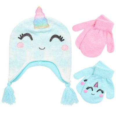 ABG Accessories Girls Critter Winter Hat and 2 Pair Gloves or Mittens (Toddler/Little Girls), Size Age 2-4, Caticorn Blue Cloud Mittens
