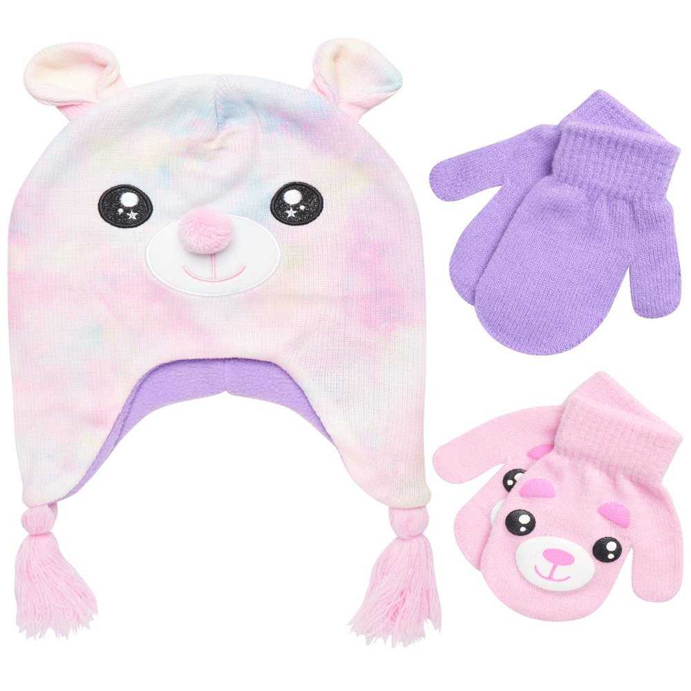 ABG Accessories Girls Critter Winter Hat and 2 Pair Gloves or Mittens (Toddler/Little Girls), Size Age 2-4, Pink Bear Mittens