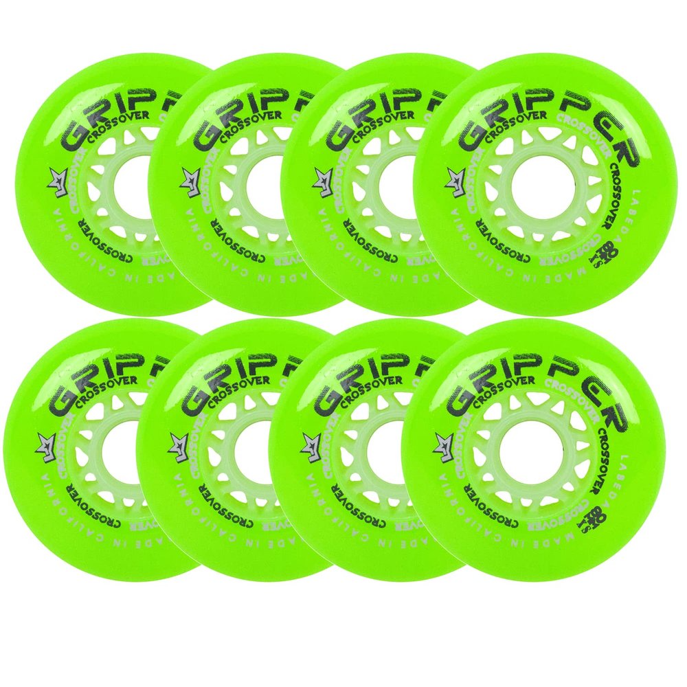 Labeda Roller Hockey Wheels Gripper Crossover X-Soft 74A Green 80mm - Set of 8, 80mm 8-Pack