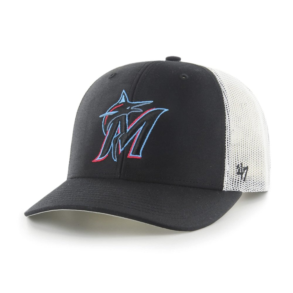 '47 MLB Men's Trucker Snapback Adjustable Hat (Miami Marlins, Black) One Size