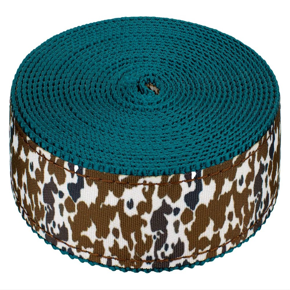Country Brook Design - 7/8 Inch Cow Print Ribbon on 1 Inch Teal Nylon Webbing (50 Yards)
