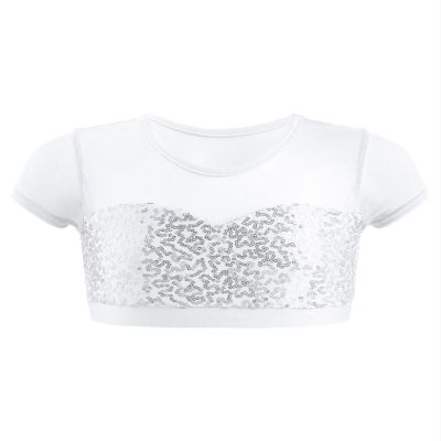 easyforever Girls Athletic Dance Sports Sequins Crop Tops Vest Shirts Gymnastics Ballet Jazz Dance Tank Tops Dancewear White 14 Years