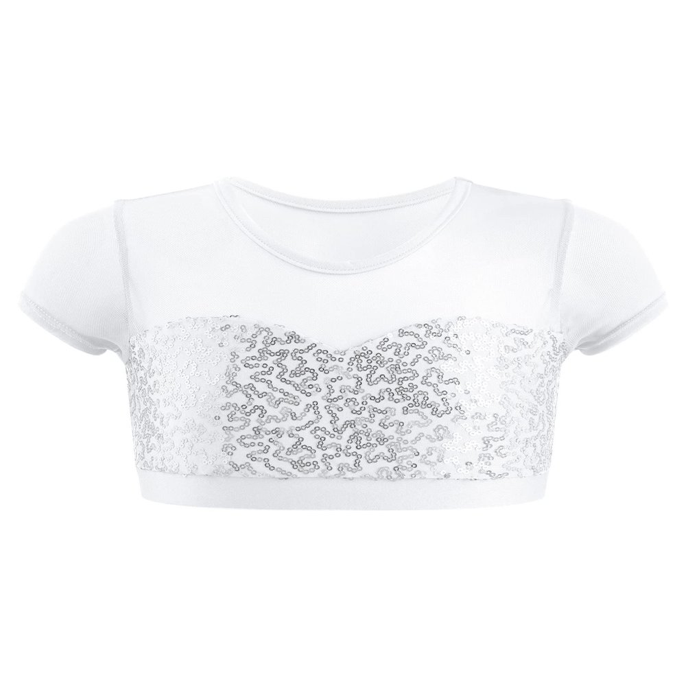 easyforever Girls Athletic Dance Sports Sequins Crop Tops Vest Shirts Gymnastics Ballet Jazz Dance Tank Tops Dancewear White 14 Years