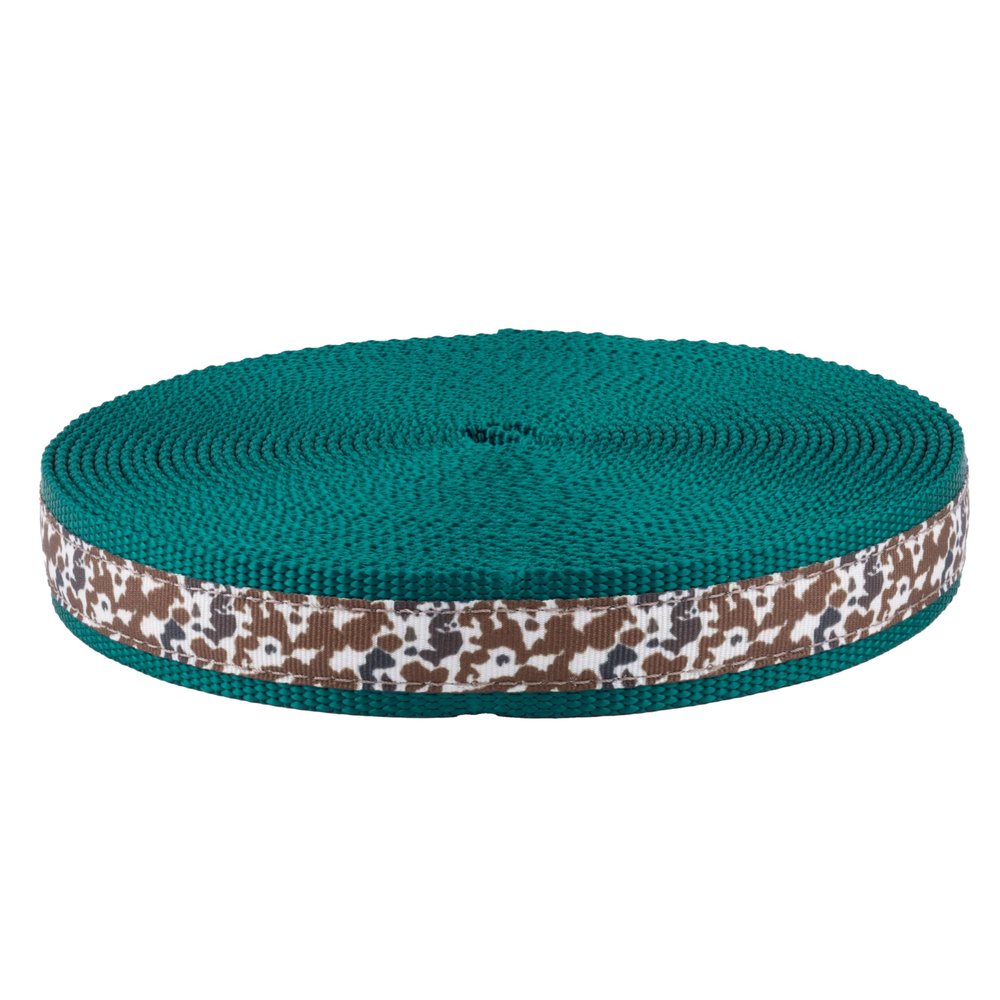 Country Brook Design - 5/8 Inch Cow Print Ribbon on 1 Inch Teal Nylon Webbing (50 Yards)
