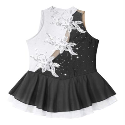 easyforever Kids Girls Long Sleeve Skirted Leotards Bodysuit Ballet Dance Dress Ballerina Figure Ice Skating Dress 005_Black&White 8 Years