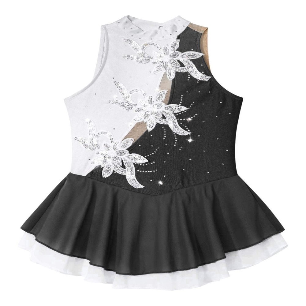 easyforever Kids Girls Long Sleeve Skirted Leotards Bodysuit Ballet Dance Dress Ballerina Figure Ice Skating Dress 005_Black&White 8 Years