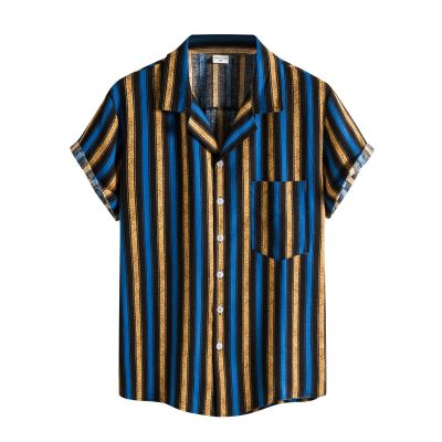 Retro Shirts for Men Button Up Short Sleeve 70S Vintage Stripes Dress Shirts Casual Summer Loose Fit Beach Tops Pocket