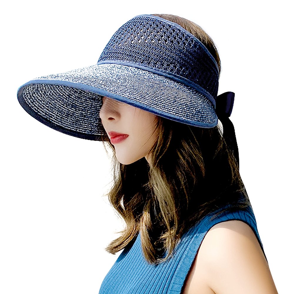Bienvenu Straw Hats for Women Sun Visors Packable Sun Hat Women,Navy_Big