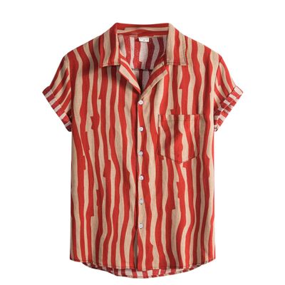 Retro Shirts for Men Button Up Short Sleeve 70S Vintage Stripes Dress Shirts Casual Summer Loose Fit Beach Tops Pocket