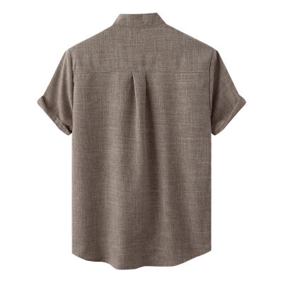 Mens Casual Button Down Shirts Short Sleeve Big Tall Solid Beach Work Tops Regular Fit Stand Collar Dress Shirt Pocket Khaki
