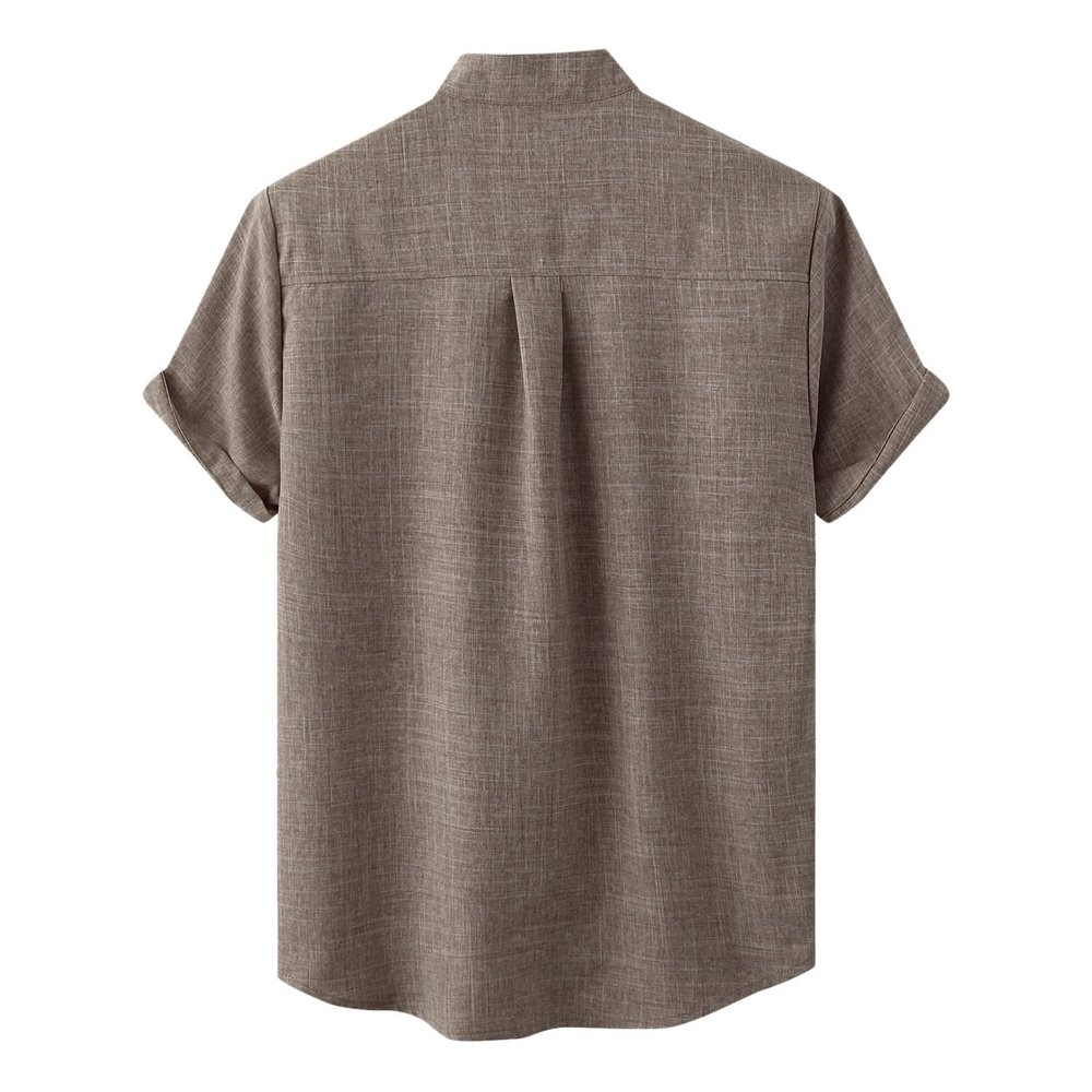Mens Casual Button Down Shirts Short Sleeve Big Tall Solid Beach Work Tops Regular Fit Stand Collar Dress Shirt Pocket Khaki