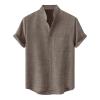 Mens Casual Button Down Shirts Short Sleeve Big Tall Solid Beach Work Tops Regular Fit Stand Collar Dress Shirt Pocket Khaki view 2