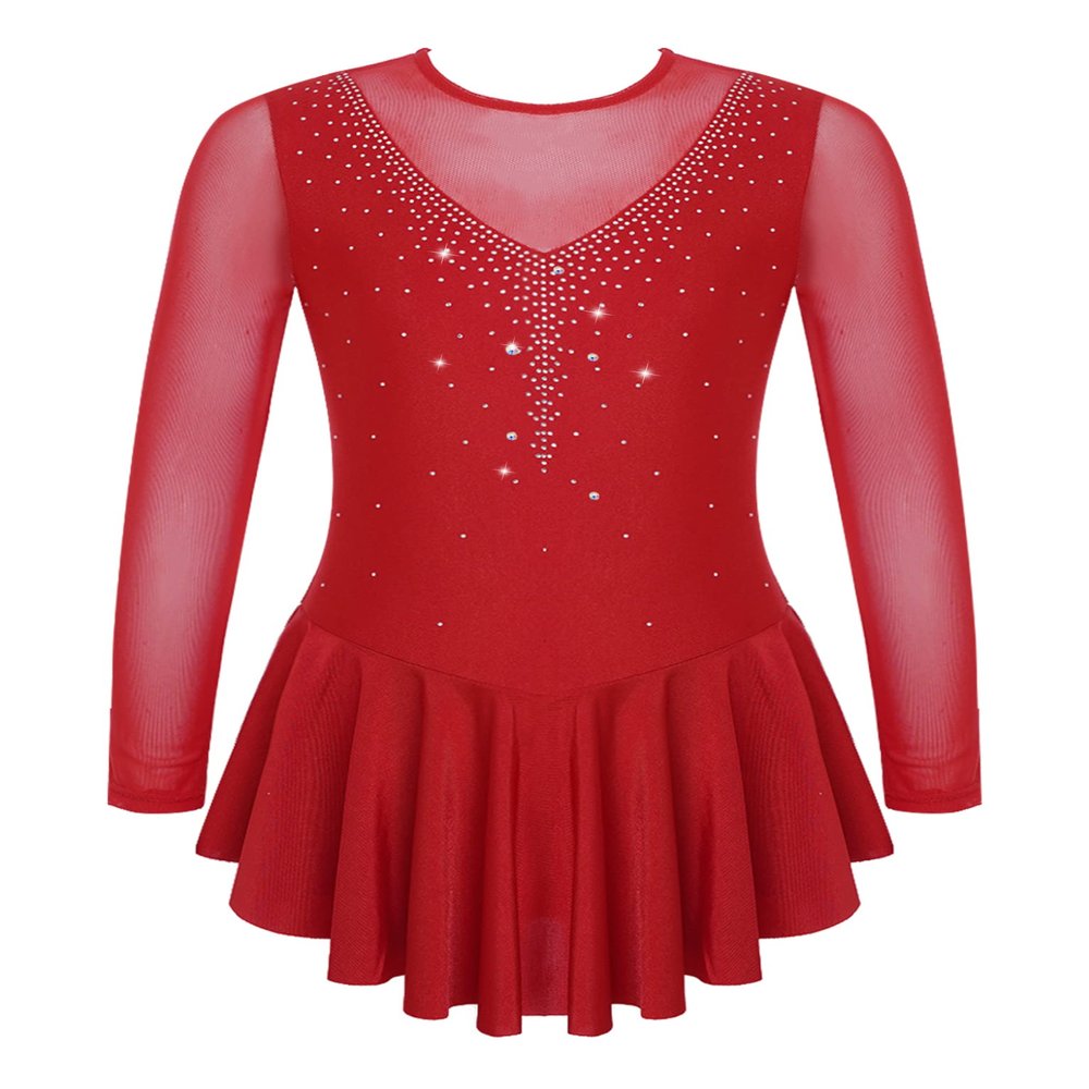VernLan Big Girls Mock Neck Roller Ice Figure Skating Dress Dance wear Competiton Costume Gymnastic Leotard Skirt Hot Red 10 Years