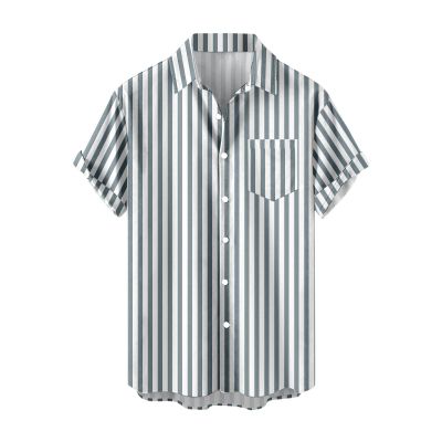 Mens Button Up Shirts Short Sleeve Vertical Striped Regular Fit Dress Shirts Casual Work Beach Big and Tall Stylish Tops Gray