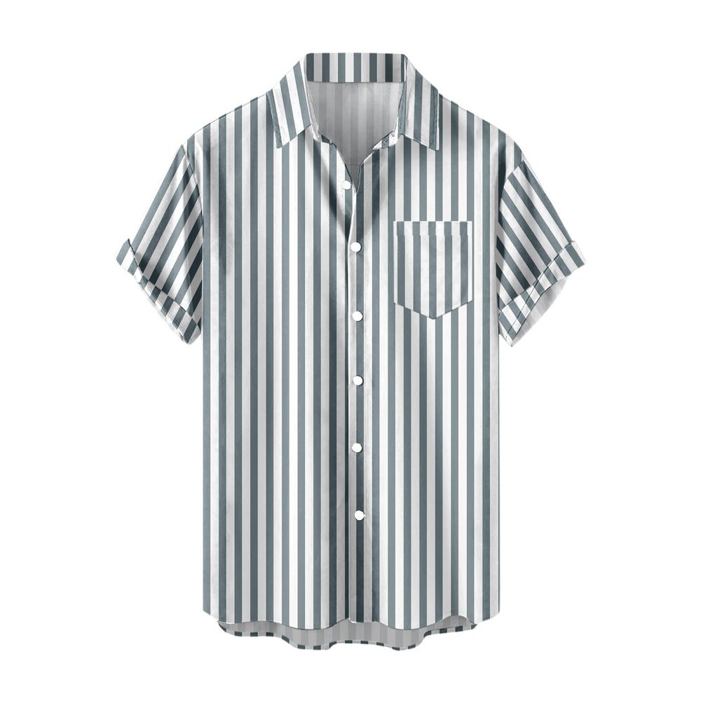 Mens Button Up Shirts Short Sleeve Vertical Striped Regular Fit Dress Shirts Casual Work Beach Big and Tall Stylish Tops Gray