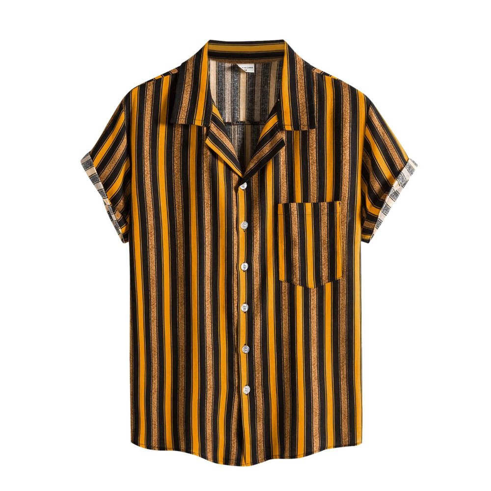 Retro Shirts for Men Button Up Short Sleeve 70S Vintage Stripes Dress Shirts Casual Summer Loose Fit Beach Tops Pocket