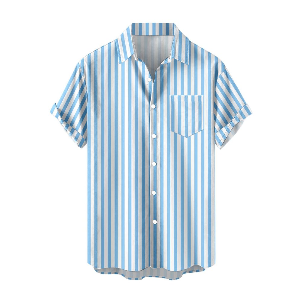 Mens Button Up Shirts Short Sleeve Vertical Striped Regular Fit Dress Shirts Casual Work Beach Big and Tall Stylish Tops Blue