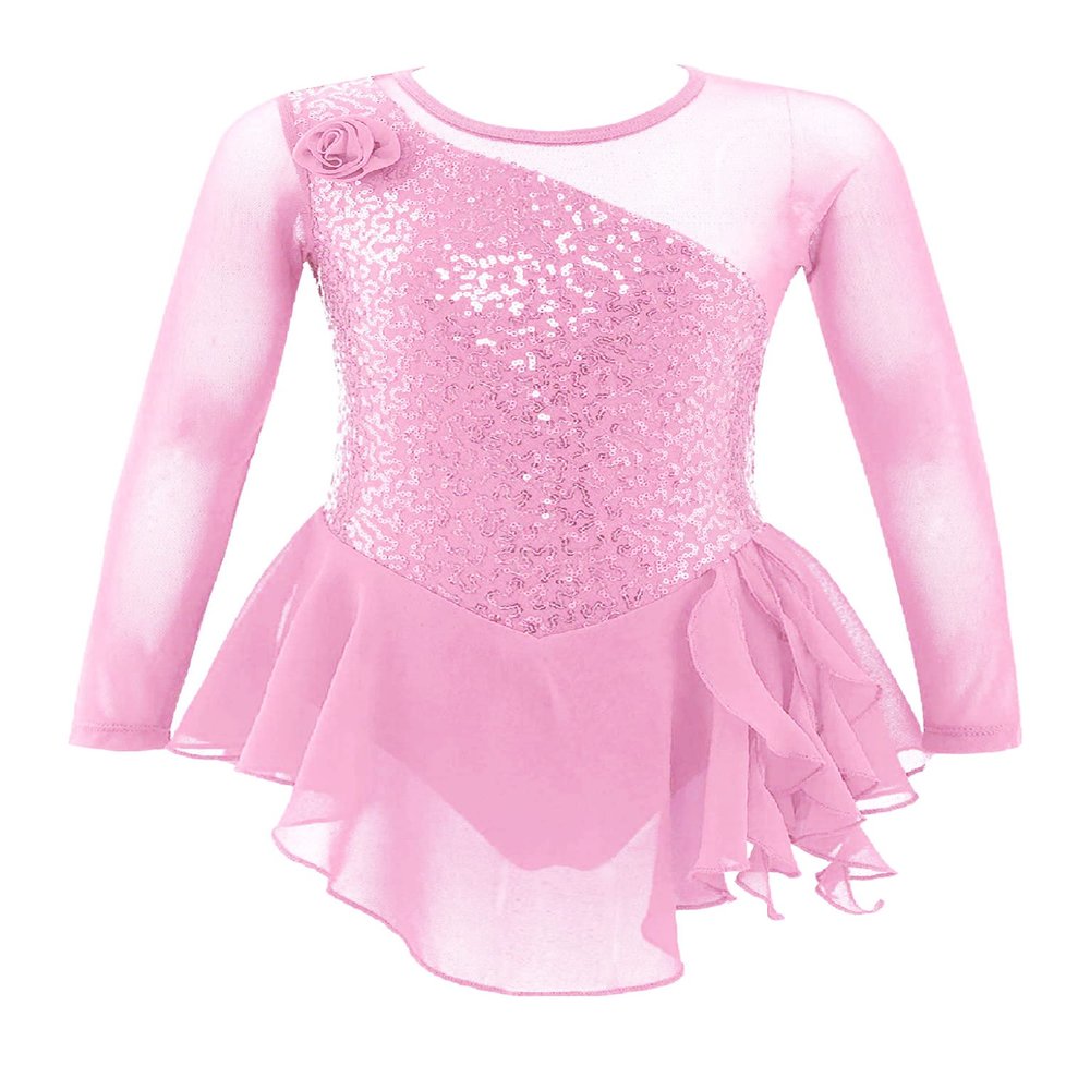 VernLan Girls Glittery Mesh Spliced Figure Ice Skating Dress Competition Dance Costumes Leotard Ballet Tutu Skirt Light Pink 10 Years