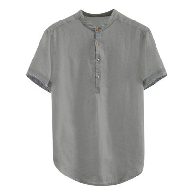 QWENTMTNTY Mens Linen Shirts Henley 3/4 Sleeve Casual Cotton T-Shirt Regular-Fit Button Up Lightweight Beach Yoga Tunic Tops Gray