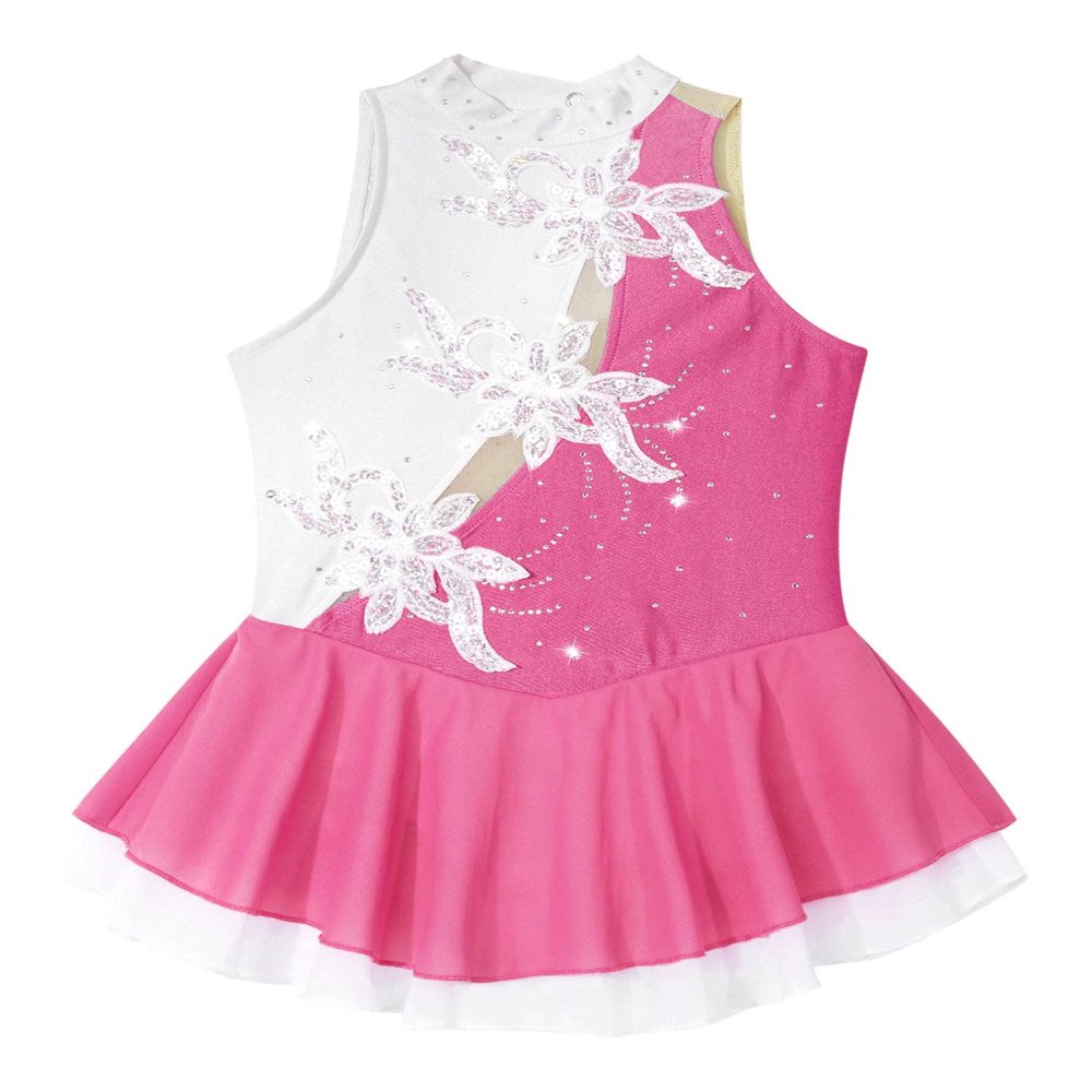 easyforever Kids Girls Long Sleeve Skirted Leotards Bodysuit Ballet Dance Dress Ballerina Figure Ice Skating Dress 005_Pink&White 12 Years