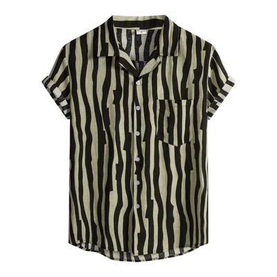 Retro Shirts for Men Button Up Short Sleeve 70S Vintage Stripes Dress Shirts Casual Summer Loose Fit Beach Tops Pocket